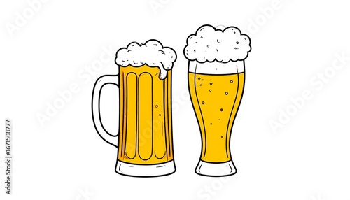 Two glasses of foamy beer, one a mug, the other a tall glass, are depicted in a simple, hand-drawn style