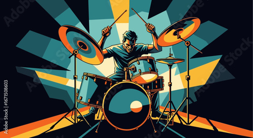 An energetic drummer performs on a full drum kit in a vibrant, modern graphic art style.