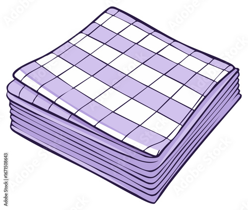 Stack of neatly folded purple and white checkered napkins or cloths illustration
