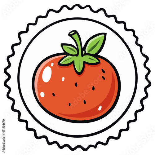 Cartoon style illustration of a red tomato with leaves and a round decorative border
