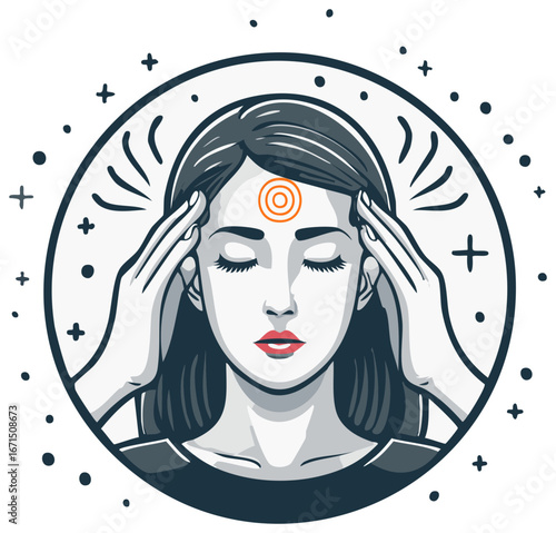 Conceptual illustration of a woman concentrating with hands on temples focusing third eye chakra point