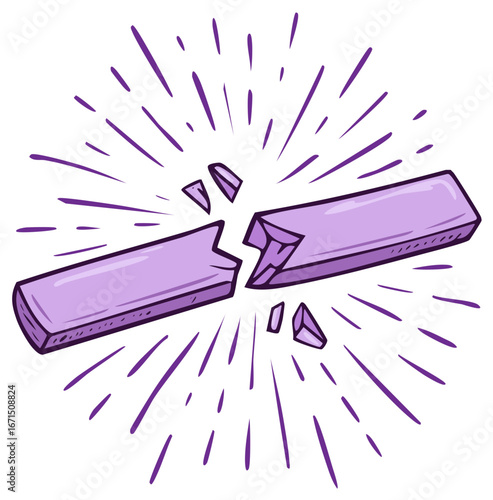 Hand drawn cartoon illustration of a purple stick breaking in half with an explosive burst