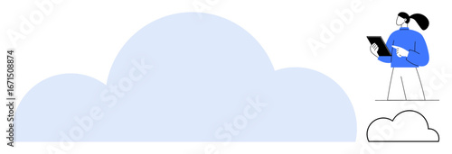 Person holding tablet near a large cloud graphic, combining technology, data, and cloud computing. Ideal for storage, technology, data management, innovation, business digital transformation simple