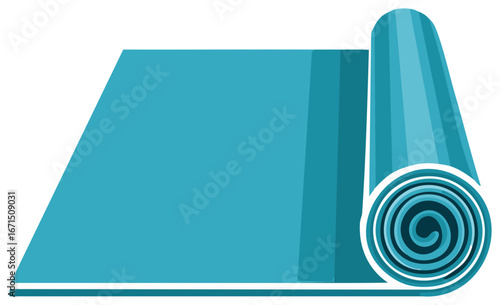 Turquoise yoga mat rolled and partially unrolled, illustration on white.