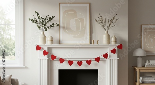 Heart garland on white fireplace mantel