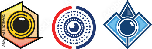A set of modern vector logos featuring abstract eye and lens designs with geometric shapes. These futuristic icons are ideal for technology companies, security systems, survei