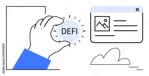 Hand holding DeFi coin near digital interface with profile card and cloud icon. Ideal for finance, blockchain, cryptocurrency, innovation, technology, digital economy, fintech. Simple flat metaphor