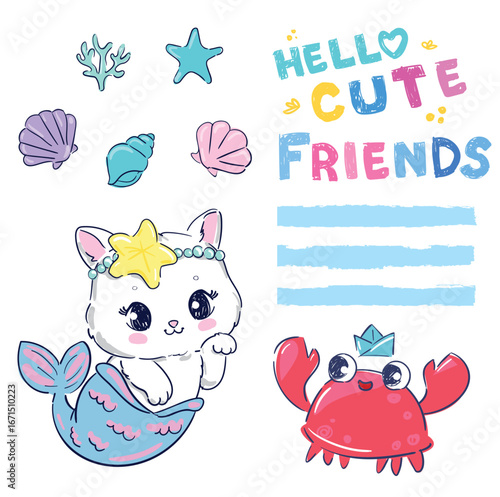 Hand Drawn Cute Cat Mermaid Cartoon Illustration Vector Kids print