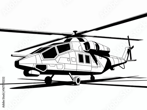 Black and White Image of a Helicopter with Main Rotor Blades and Tail Rotor in Sharp Focus Ready for Takeoff