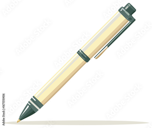 Illustration of a cream ballpoint pen for taking notes and signing papers. Writing implement drawing with green accents. Office supplies for school and business.