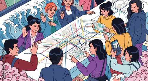 An illustration of a diverse group of travelers collaborating around a large subway map to plan their journey.