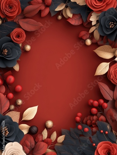 A vibrant arrangement of red and black flowers with golden accents on a rich red background, ideal for invitations, greeting cards, or seasonal decorations, enhancing any design project with elegance