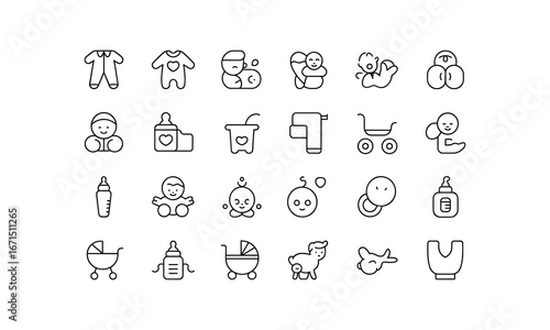 Collection of baby icons featuring clothing bottles strollers toys and other newborn essentials white background