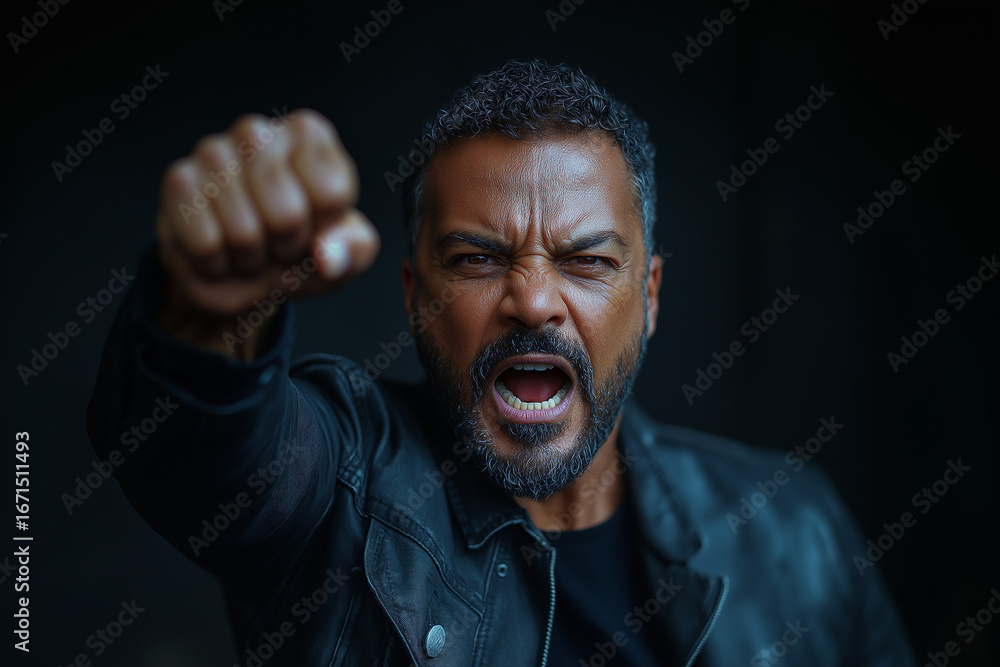 Fototapeta premium Angry man shouting with clenched fist, intense facial expression, emotional portrait on dark background, concept of rage, protest, strength and determination