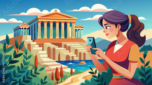 close up Asian woman tourist browsing on smartphone in front of the Temple of Athena in Assos, Behramkale, Turkey 