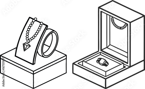 Elegant jewelry collection displayed on modern stands and luxury gift box, highlighting precious gems.