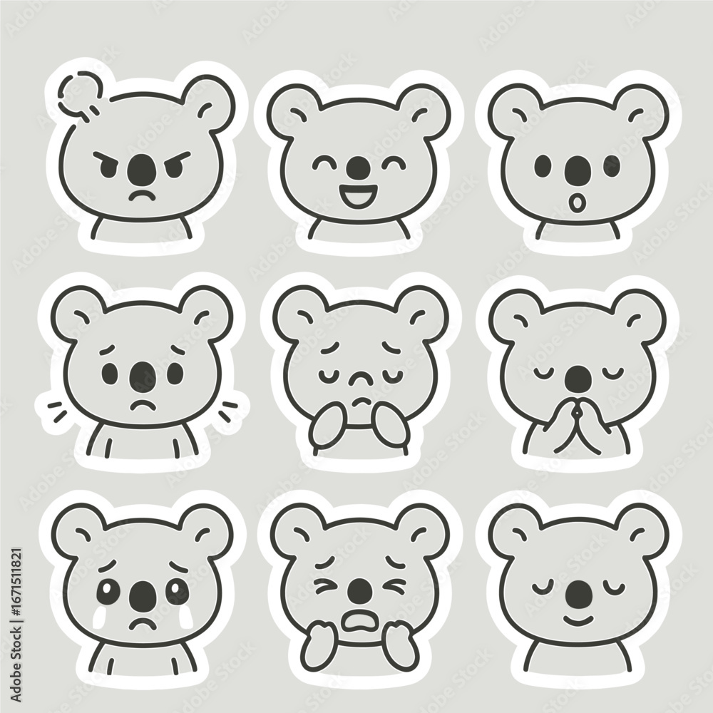 Kawaii koala stickers drawn in minimalist line art style with soft pastel accents