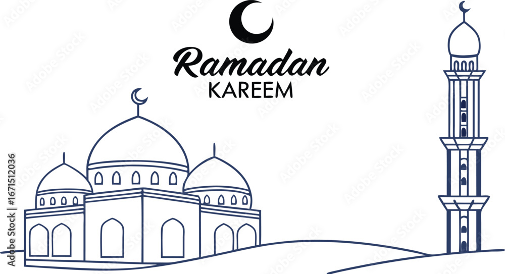 Fototapeta premium Elegant Ramadan Kareem mosque and crescent moon design, celebrating Islamic faith and tradition beautifully.