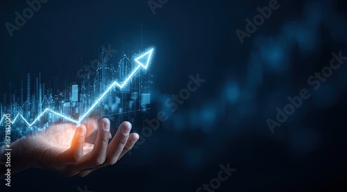 A hand holds a glowing upward trend graph, overlaid on a dark background with data visualizations