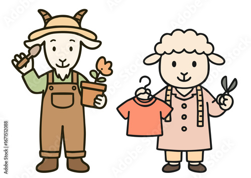 ヤギの庭師とヒツジの服飾デザイナーのかわいい動物キャラクター