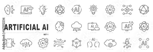 Artificial intelligence outline icons: AI neural brain, data algorithms, generative automation, cloud networks, circuits, collaboration, devices—clean technology vector, editable stroke