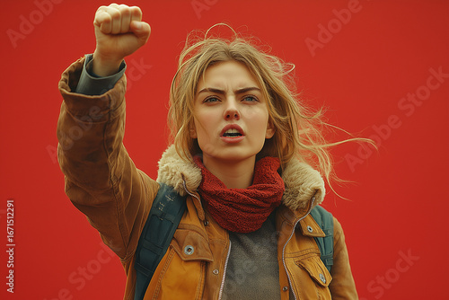 Young woman protesting with raised fist, activist girl shouting against red background, concept of feminism, freedom, resistance, social justice, political demonstration and empowerment