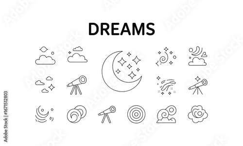 Whimsical line art collection of celestial and dreamlike symbols representing imagination and fantasy white background