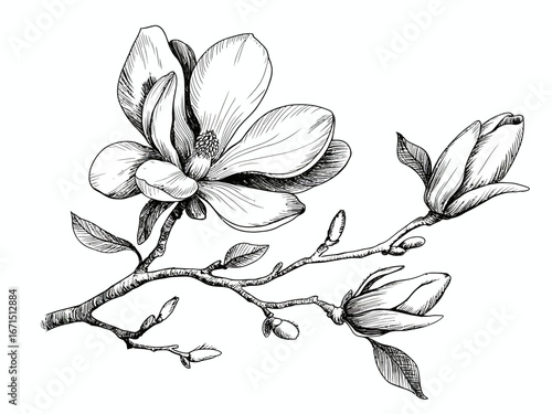 Elegant Magnolia Blossom Illustration with Budding Branch Hand Drawn in Black and White for Botanical Artwork and Spring Designs
