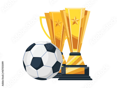 Golden trophies with a soccer ball symbolizing victory and achievement in the world of football tournaments and championship success