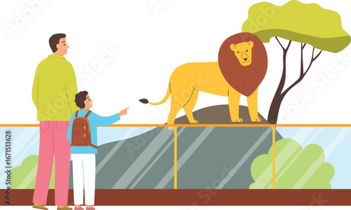 Father and son observing a lion at the zoo