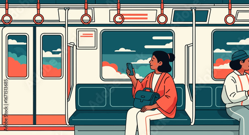 An illustration of women commuting on a subway train, one looking at her phone while sitting by a window showing a scenic sky.