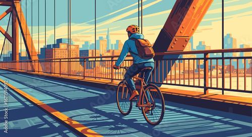 A cyclist wearing a helmet and backpack rides across a sunlit bridge towards a city skyline at sunrise.