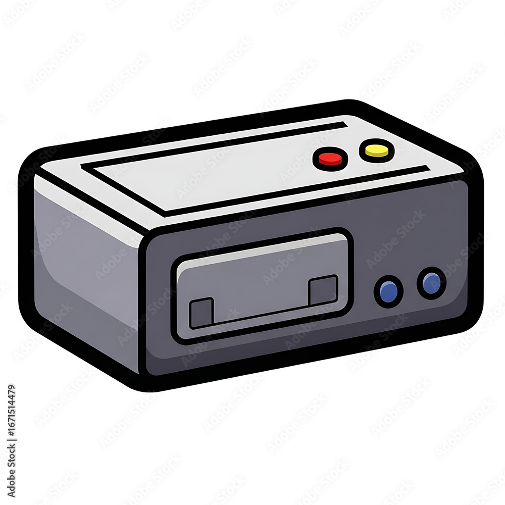 Fototapeta premium A cartoon illustration of a classic gray video game console with a cartridge slot and colorful buttons.