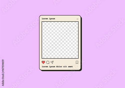 Retro vaporwave social media post template in app style window. Profile picture, image preview, likes, comments, user interface elements. 90s aesthetic digital layout. Flat Style Vector Illustration.