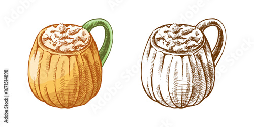 Hand drawn vintage sketch of pumpkin mug with whipped cream autumn drink, colored and monochrome cozy halloween illustration set