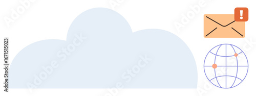 Large cloud with email notification icon and globe showing connectivity points. Ideal for technology, communication, cloud storage, global network, email system, online services, and information