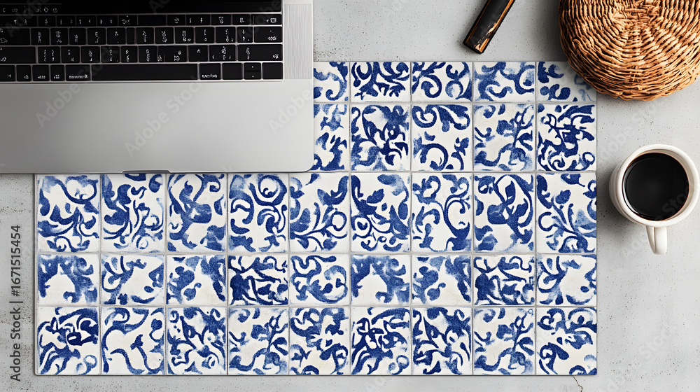 Stylish modern desk setup featuring a laptop, coffee, and decorative ceramic tiles for aesthetic appeal and productivity. Stylish modern desk setup featuring a laptop, coffee, and decorative ceramic tiles for aesthetic appeal and productivity.