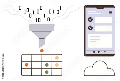Binary data entering a funnel to organize into a grid, accompanied by a mobile checklist and a cloud icon. Ideal for data management, cloud storage, organization, automation, technology, workflow