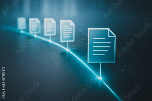 Digital Documents in a Row: Conceptual imagery of glowing digital documents aligned along a vibrant blue line, symbolizing the systematic flow of data and the interconnectedness of information.