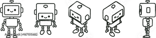 Retro robot characters doodled in a marching row black outline