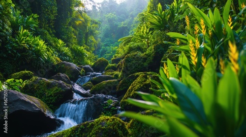 Lush tropical forest with a serene stream flowing through vibrant greenery and moss-covered rocks