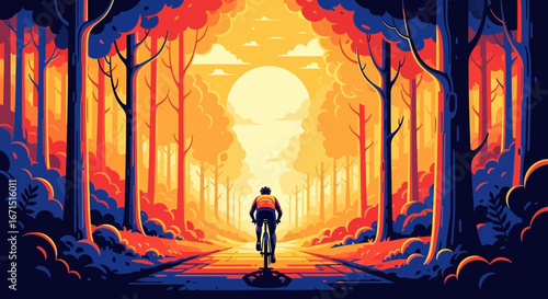 A lone cyclist rides down a forest path into the warm glow of a brilliant sunset or sunrise.