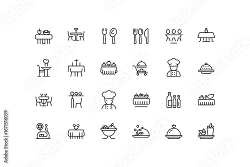 Collection of hand-drawn icons representing dining food service restaurant hospitality and culinary concepts white background