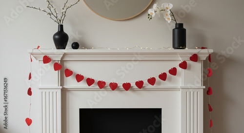 Red heart garland on white fireplace mantel