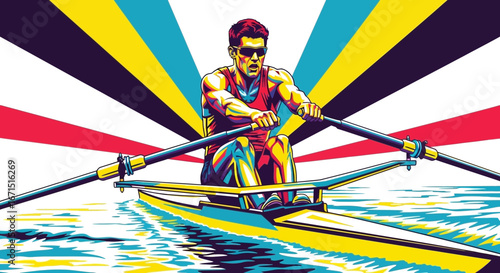 A male athlete in a single scull rowing boat, depicted in a vibrant, colorful pop art style with radiating background stripes.