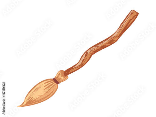 Hand drawn vintage sketch of witch broom with curved wooden handle and straw bristles, detailed colored halloween spooky illustration