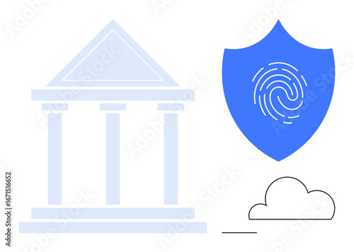 Pillared courthouse with a shield featuring a fingerprint, and a connected cloud. Ideal for cybersecurity, justice, cloud computing, law, government, protection and digital identity. A simple flat