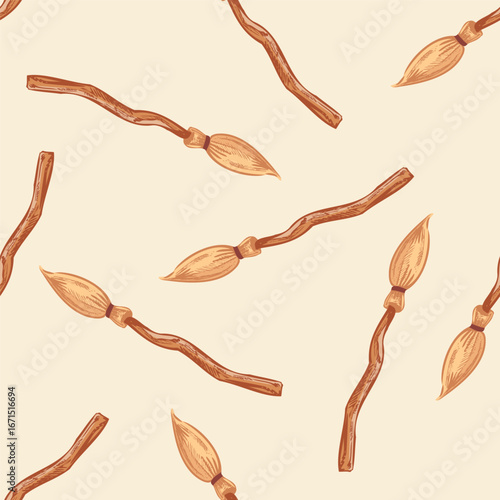 Hand drawn vintage seamless pattern of witch brooms with wooden handle and straw bristles, halloween spooky decorative illustration