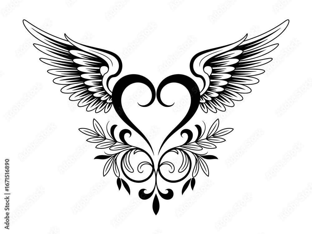 Fototapeta premium Winged Heart Floral Design Black and White Graphic for Tattoos or Creative Projects an Elegant and Timeless Symbol