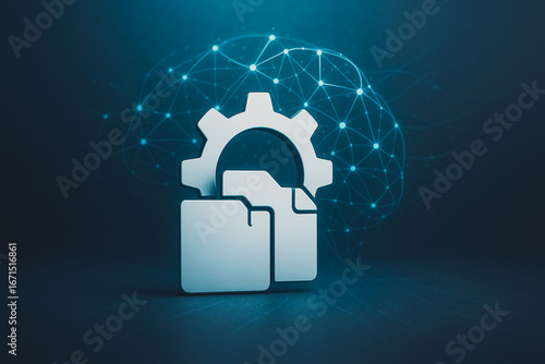 Digital Cogwheels and Data: A minimalist digital composition features cogwheels and document, a metaphor for technology, with an artificial intelligence.